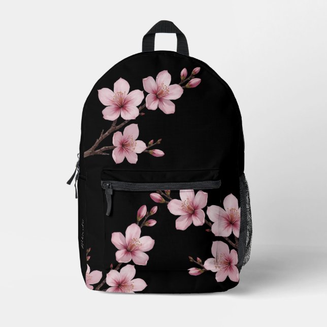 Cherry Blossom DUSTY Pink Black Monogram Bedruckter Rucksack (Vorderseite)