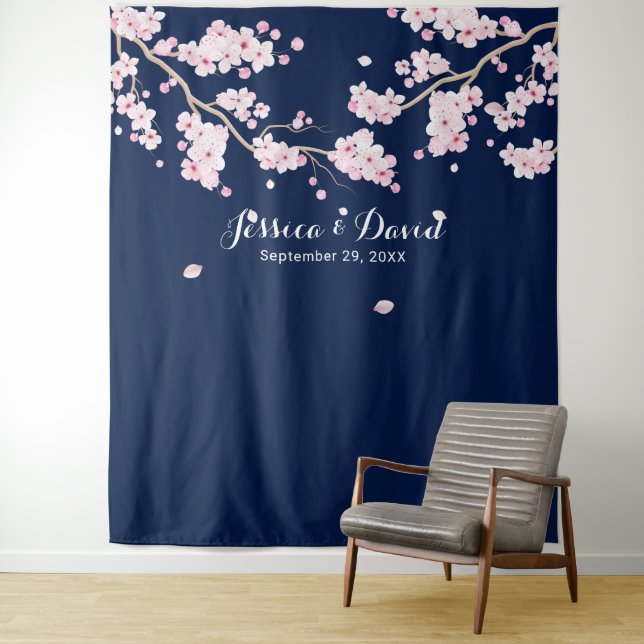Cherry Blossom Elegant Floral Navy Blue Backdrop Wandteppich (Beispiel)