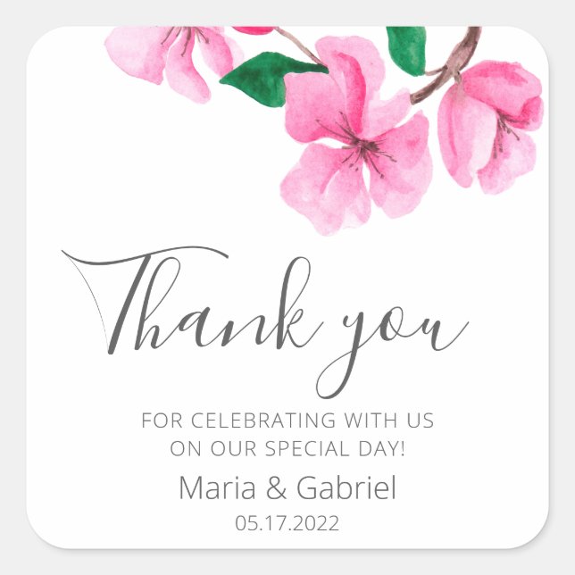 Cherry Blossom. Elegante Blumenhochzeit Danke Quadratischer Aufkleber (Vorderseite)