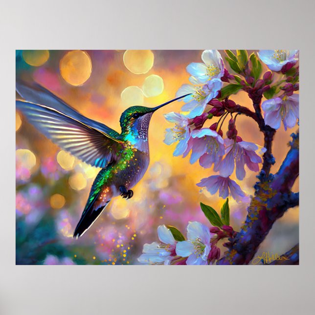 Cherry Blossom Fantasy Hummingbird Poster (Vorne)