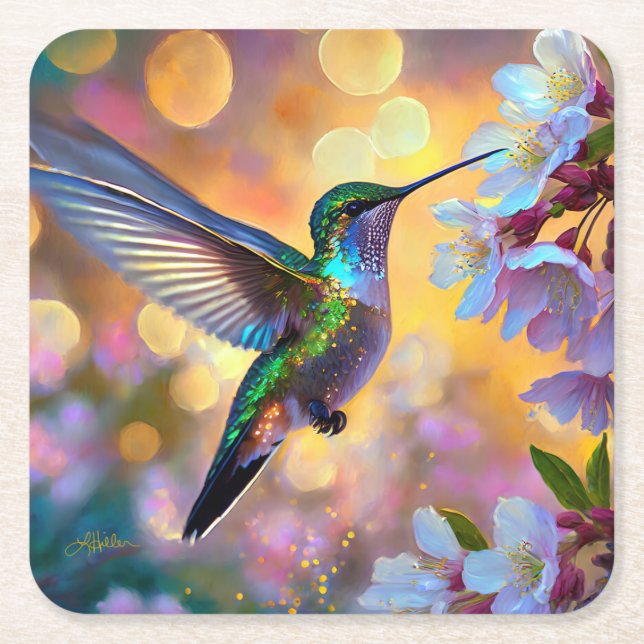 Cherry Blossom Fantasy Hummingbird Rechteckiger Pappuntersetzer (Vorderseite)