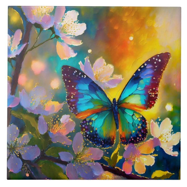 Cherry Blossom Fantasy Sunrise Butterfly Fliese (Vorderseite)