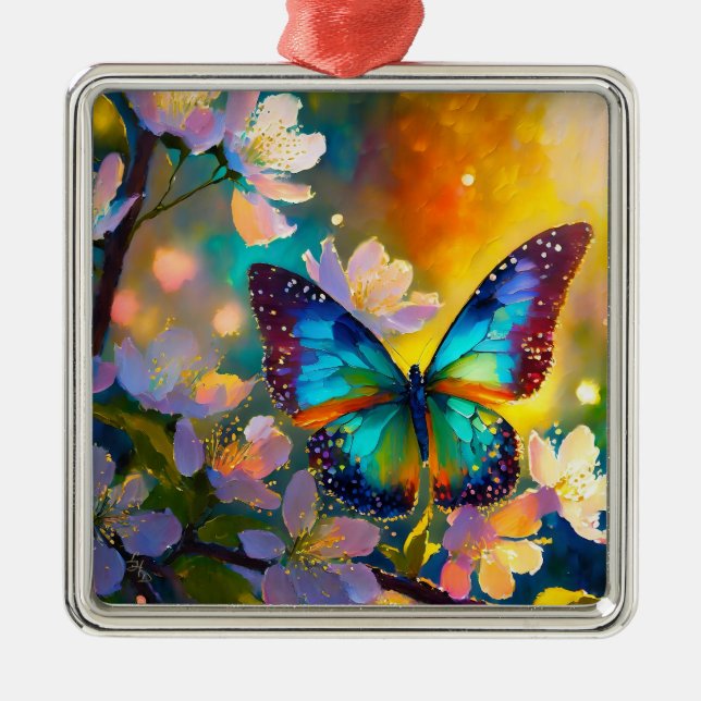 Cherry Blossom Fantasy Sunrise Butterfly Ornament Aus Metall (Vorne)