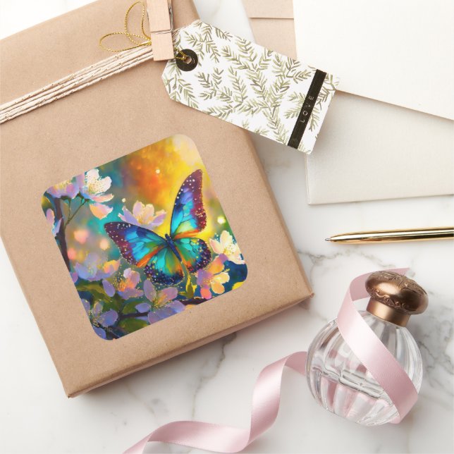Cherry Blossom Fantasy Sunrise Butterfly Quadratischer Aufkleber (Schenken)
