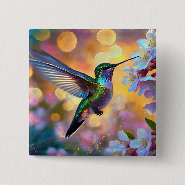 Cherry Blossom Fantasy Sunrise Hummingbird Button (Vorderseite)
