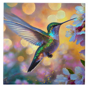 Cherry Blossom Fantasy Sunrise Hummingbird Fliese