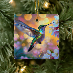 Cherry Blossom Fantasy Sunrise Hummingbird Keramikornament