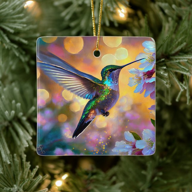 Cherry Blossom Fantasy Sunrise Hummingbird Keramikornament (Baum)