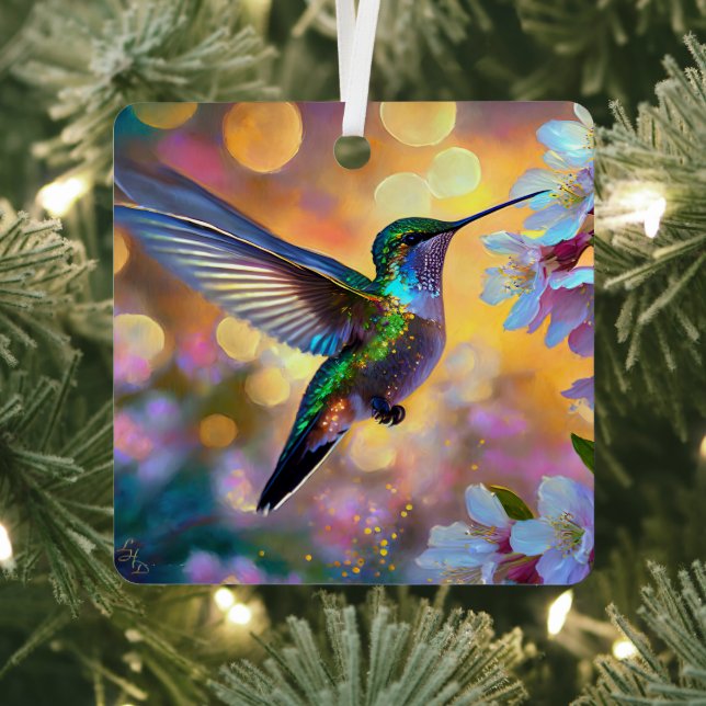Cherry Blossom Fantasy Sunrise Hummingbird Ornament Aus Metall (InSitu)