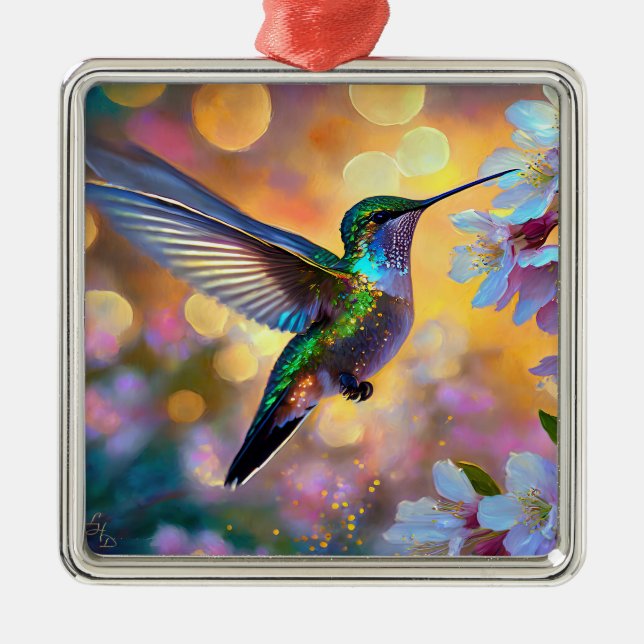 Cherry Blossom Fantasy Sunrise Hummingbird Ornament Aus Metall (Vorne)