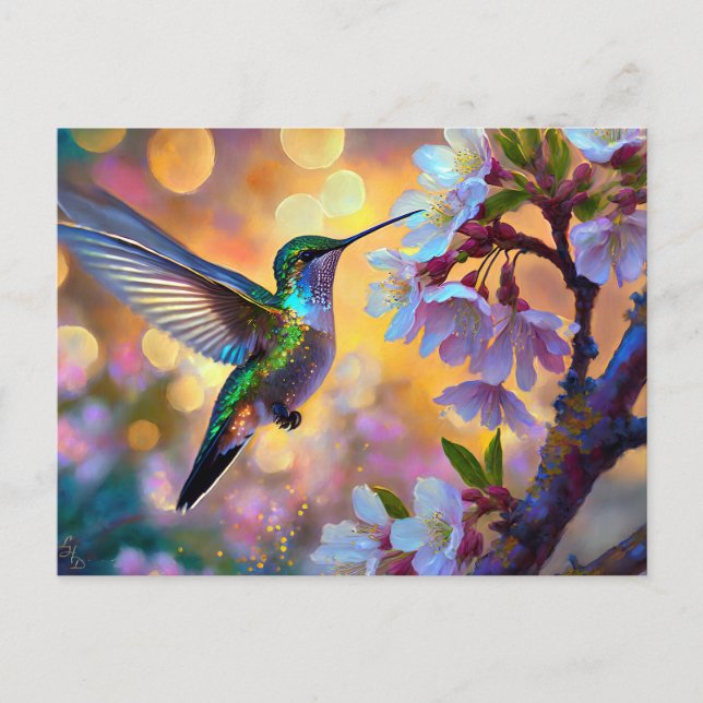 Cherry Blossom Fantasy Sunrise Hummingbird Postkarte (Vorderseite)