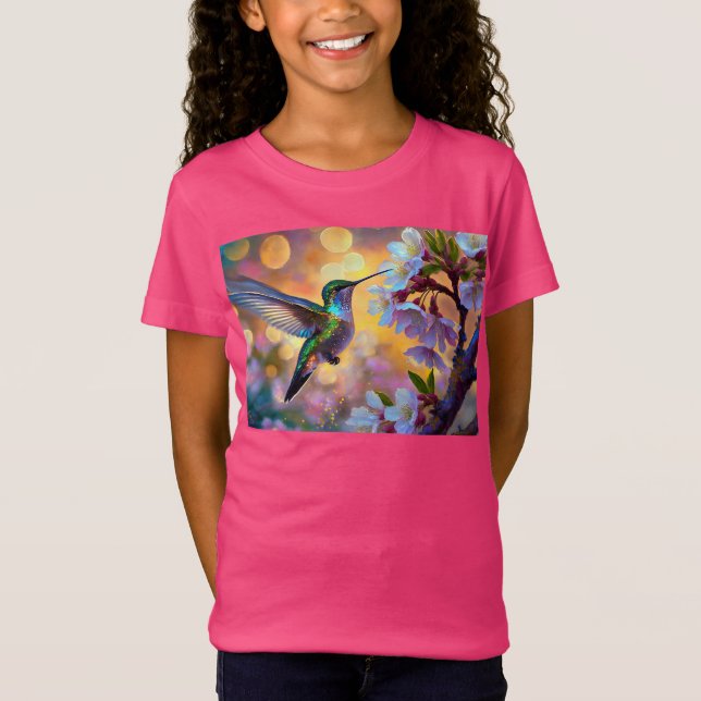 Cherry Blossom Fantasy Sunrise Hummingbird T-Shirt (Vorderseite)