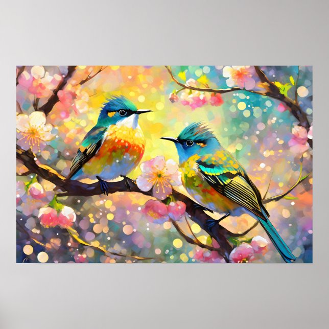 Cherry Blossom Fantasy Sunrise Songbirds Poster (Vorne)