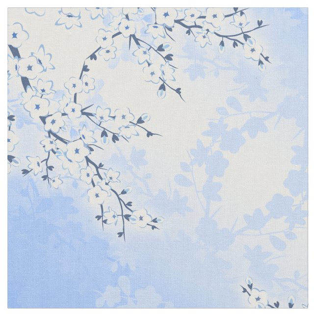 Cherry Blossom Floral Asia Blue White Stoff (Nahaufnahme)