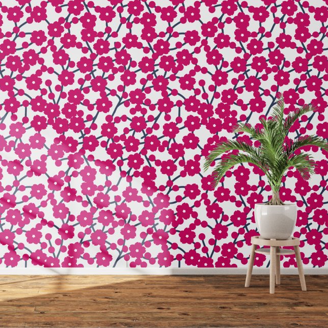 Cherry Blossom Floral Magenta Pink White Tapete (Pink and white cherry blossom art wallpaper)