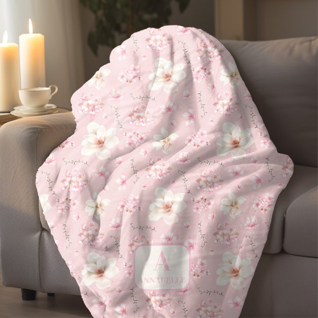 Cherry Blossom Floral Sakura Frühlingsmonogramm Ro Fleecedecke (Cherry Blossom Floral Sakura Spring Monogram Pink Fleece Blanket)