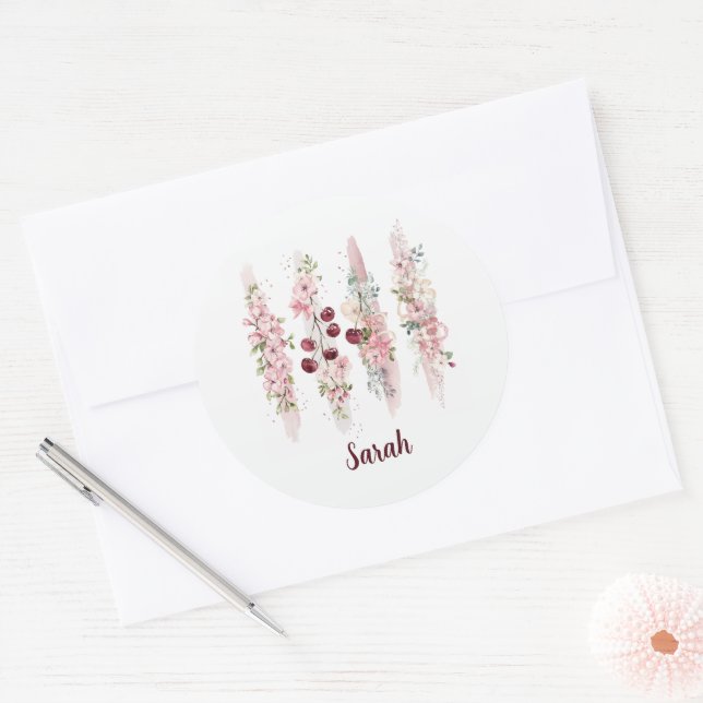 Cherry Blossom Floral Watercolor, Name hinzufügen Runder Aufkleber (Umschlag)