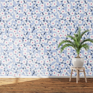 Cherry Blossom Floral White auf Blue Tapete