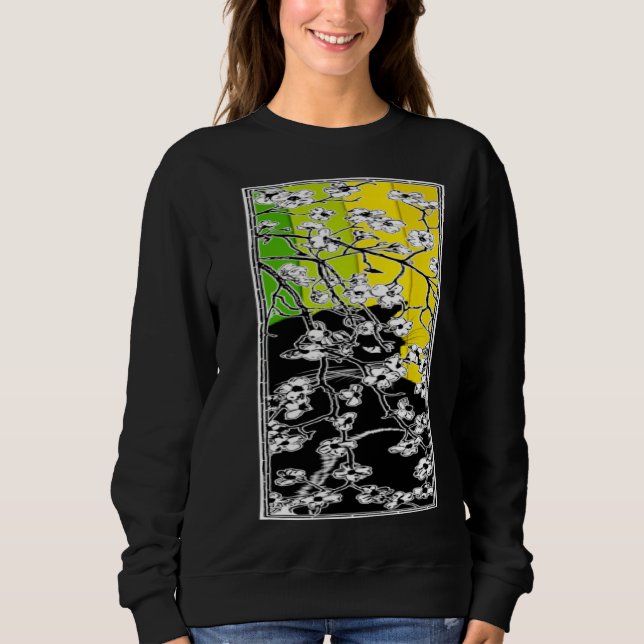 Cherry Blossom Flowers Cat Black Stripes Green and Sweatshirt (Vorderseite)