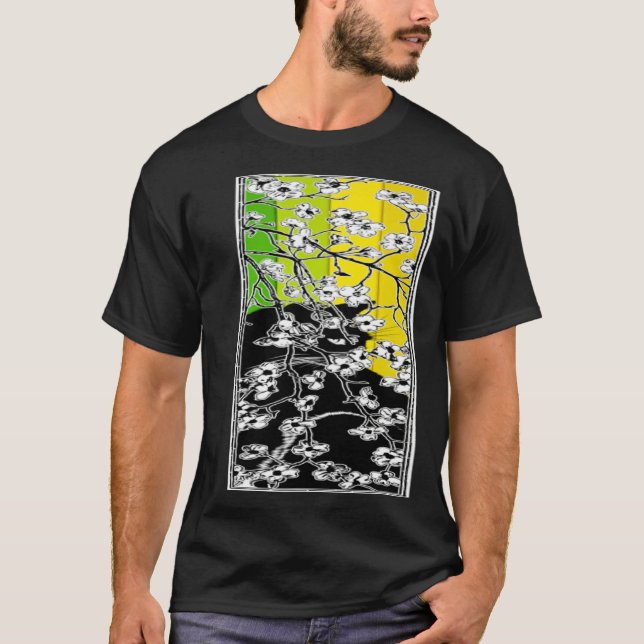 Cherry Blossom Flowers Cat Black Stripes Green and T-Shirt (Vorderseite)