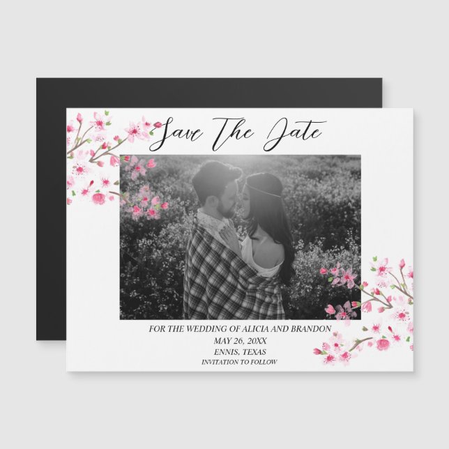 Cherry Blossom Foto Wedding Spring Script Magnet (Vorne/Hinten)