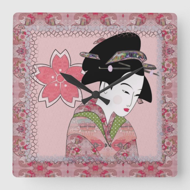 Cherry Blossom Geisha Quadratische Wanduhr (Vorderseite)