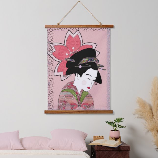 Cherry Blossom Geisha Wandteppich Mit Holzrahmen (Schlafzimmer)