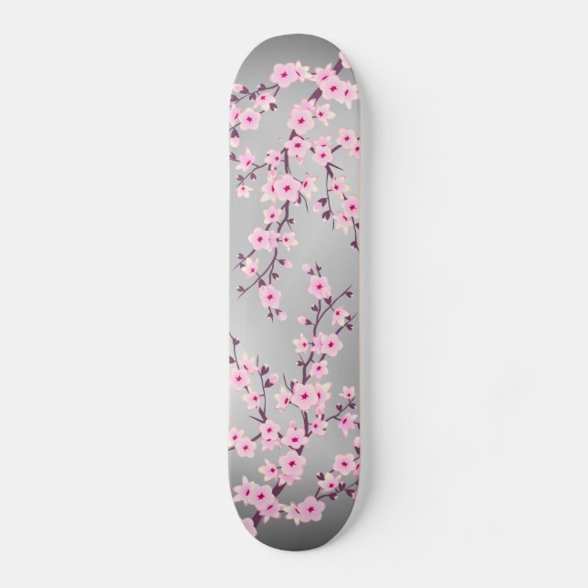 Cherry Blossom Grau Pink Asia Floral Skateboard (Vorderseite)