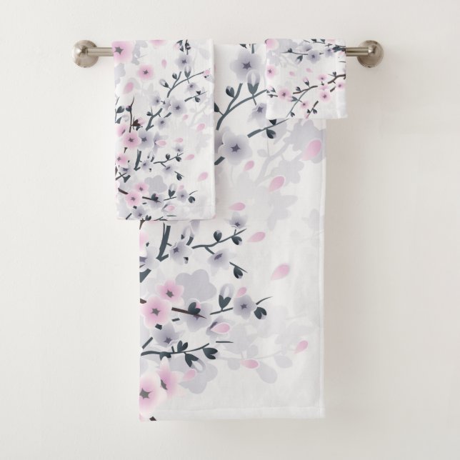 Cherry Blossom Illustrative Dusty Pink Mauve Badhandtuch Set (Insitu)