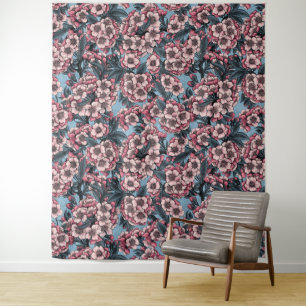 Cherry blossom in pink and blue wandteppich