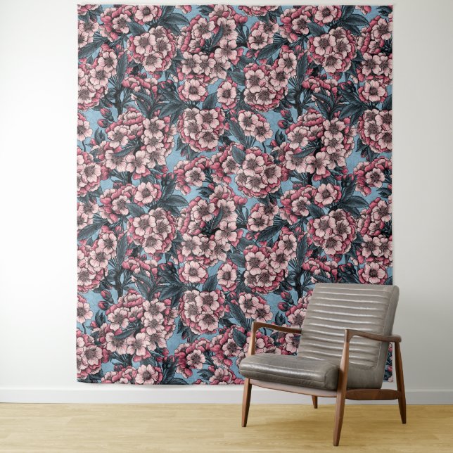 Cherry blossom in pink and blue wandteppich (Beispiel)