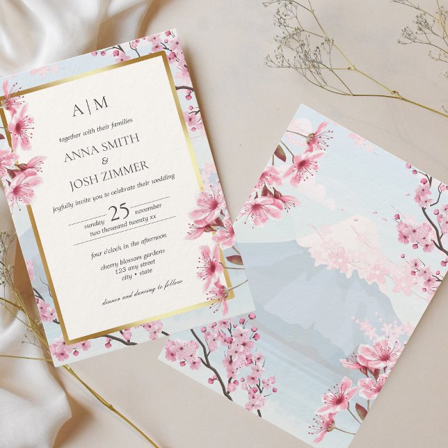 Cherry Blossom Japanisch Elegant Gold Wedding Einladung (Cherry Blossom Wedding Invitation)