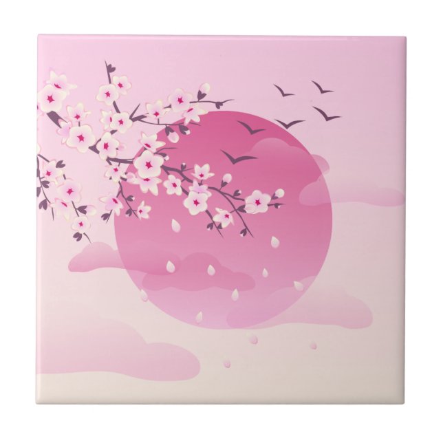 Cherry Blossom Japanische Landschaft Pink Fliese (Vorderseite)