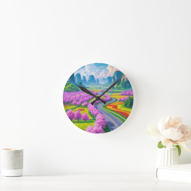 "Cherry Blossom Journey - Spring Road Wall Clock Runde Wanduhr (Zuhause)