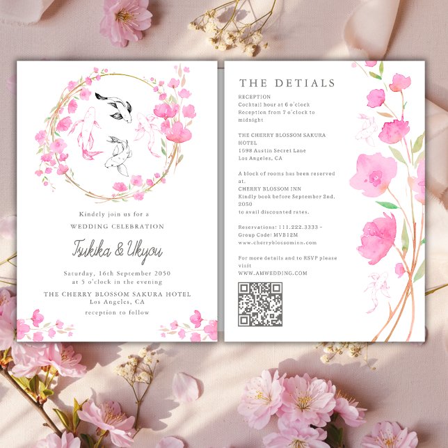 Cherry Blossom Koi Fish QR Code All In One Wedding Einladung (Von Creator hochgeladen)