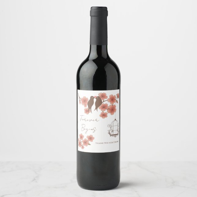 Cherry Blossom Lovebirds Wedding Wine Bottle Label Weinetikett (Vorderseite)
