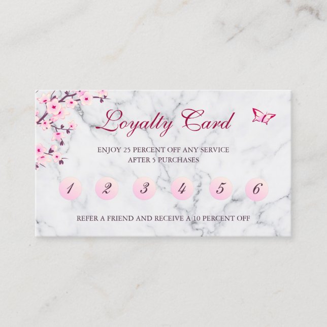 Cherry Blossom Loyalty Card Rosa Grau Marmor Visitenkarte (Vorderseite)