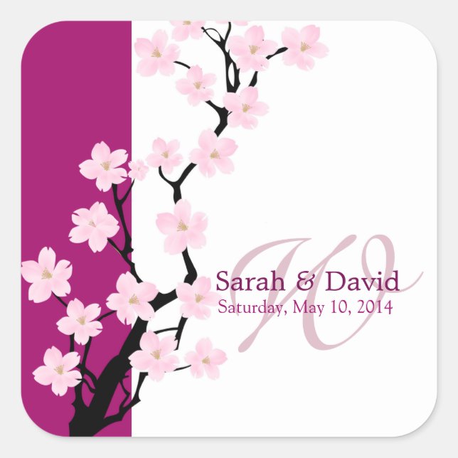 Cherry Blossom | Monogramm-Sticker Quadratischer Aufkleber (Vorderseite)