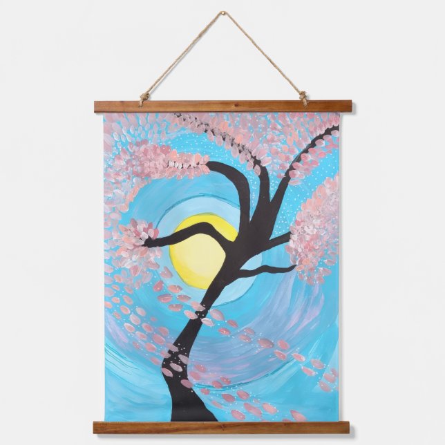 Cherry Blossom Moon Hand Painted Wall Tapestry Art Wandteppich Mit Holzrahmen (Vorderseite)
