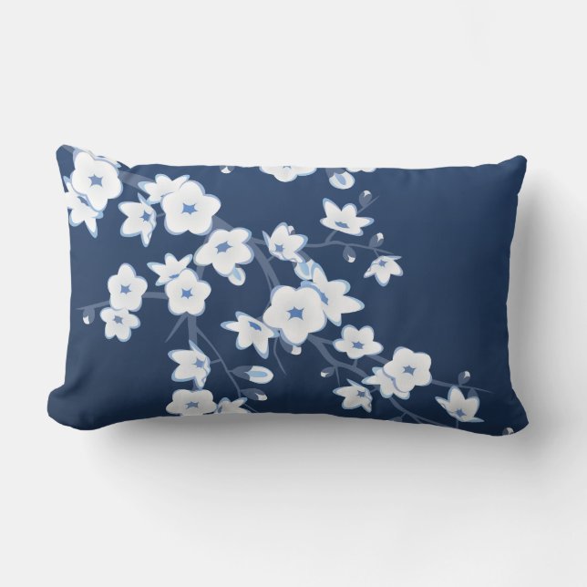 Cherry Blossom Navy Blue White Floral Kissen Für Draußen (Vorderseite)