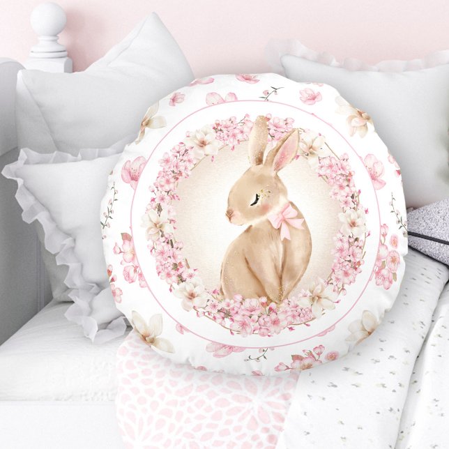 Cherry Blossom Niedlich Bunny White Pink Kinderzim Rundes Kissen (Cherry Blossom Cute Bunny White Pink Nursery Round Pillow)