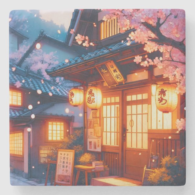 Cherry Blossom Night in Old Japan Steinuntersetzer (Vorderseite)