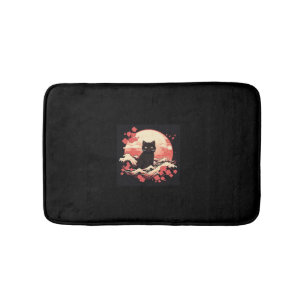 Cherry Blossom Night_ Schwarze Katze und Vollmond Badematte