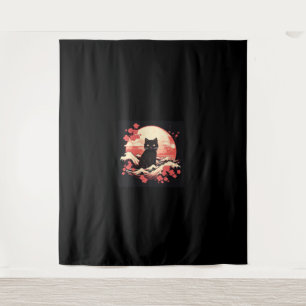 Cherry Blossom Night_ Schwarze Katze und Vollmond Wandteppich
