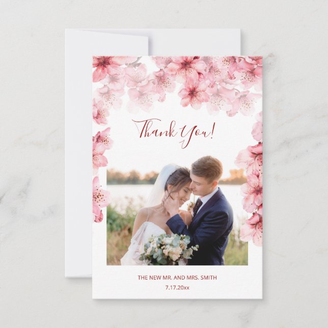 Cherry Blossom Photo Wedding Thank You Card Dankeskarte (Vorderseite)