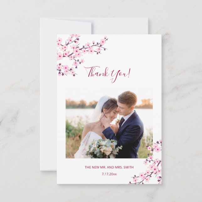 Cherry Blossom Photo Wedding Thank You Card Dankeskarte (Vorderseite)