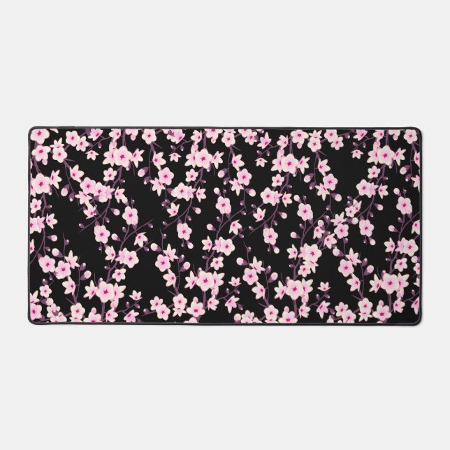 Cherry Blossom Pink Black Floral Schreibtischunterlage (Vorderseite)