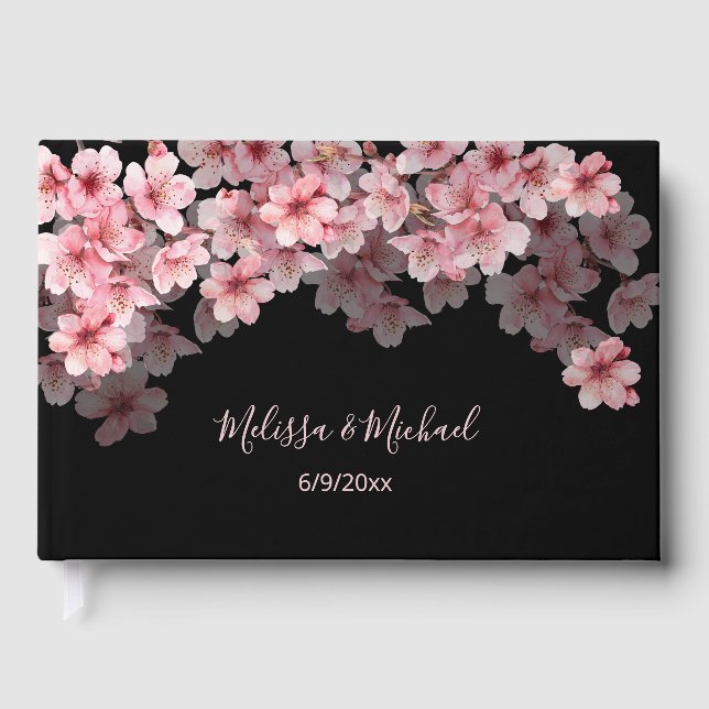 Cherry Blossom Pink Black Wedding Gästebuch (Vorderseite)