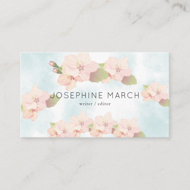 Cherry Blossom Pink Blue Watercolor Business Card Visitenkarte (Vorderseite)
