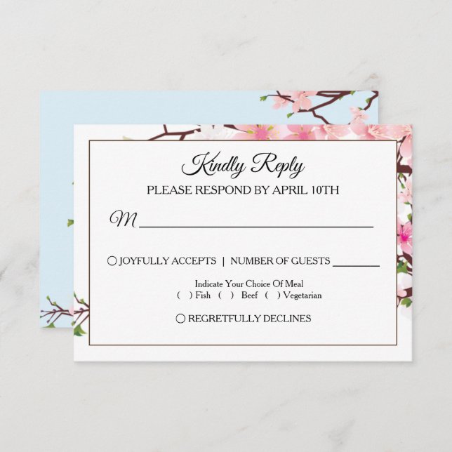 Cherry Blossom Pink Blue Wedding RSVP Card (Vorne/Hinten)